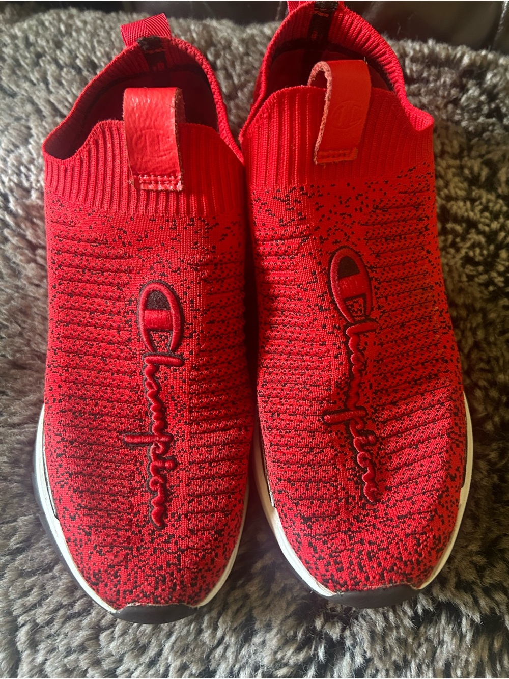 Champion Red Slip-On Knit Sneakers with Embroidered Logo
